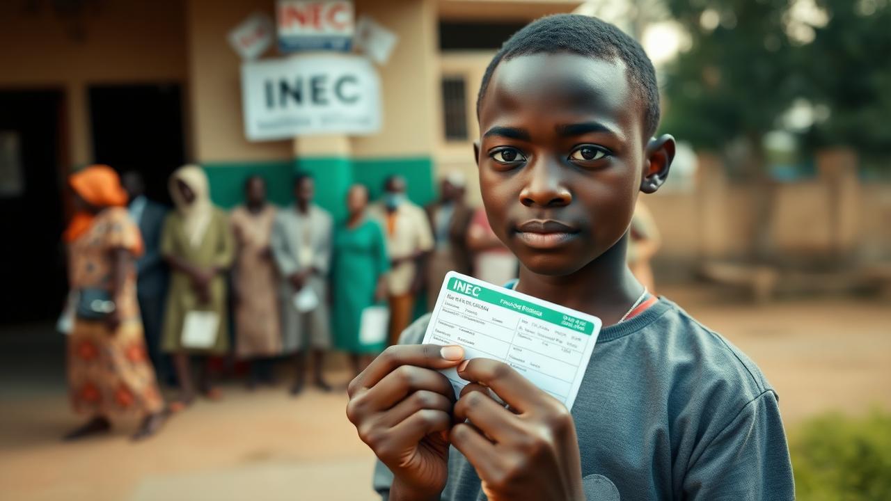A young Nigerian voter holding a Permanent Voter Card outside an INEC office